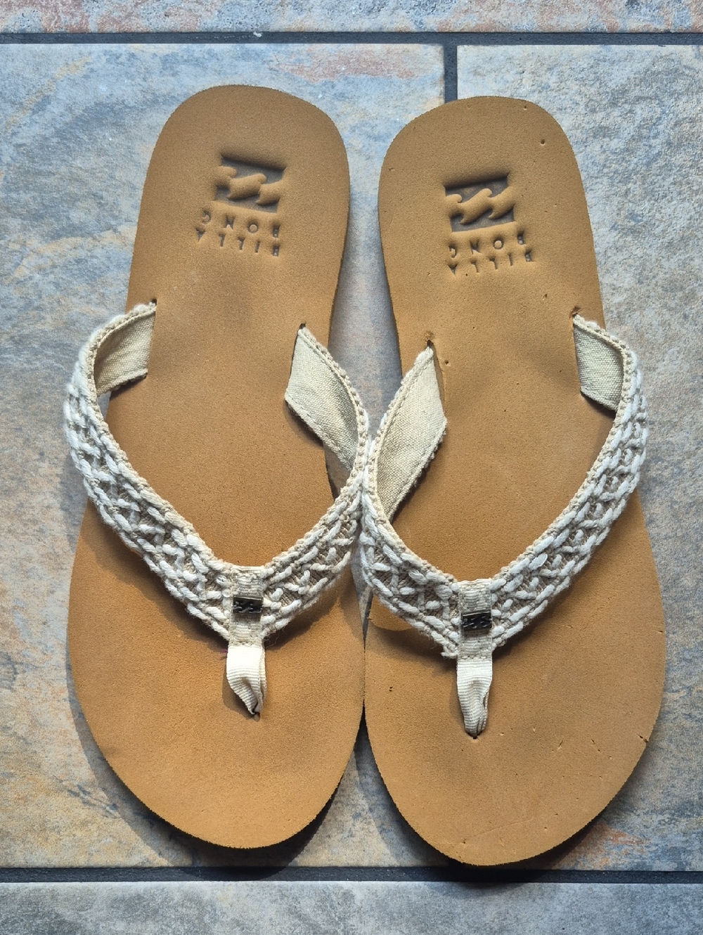 Billabong Women's Cream Braided Strap Flip Sandals with Tan Footbed